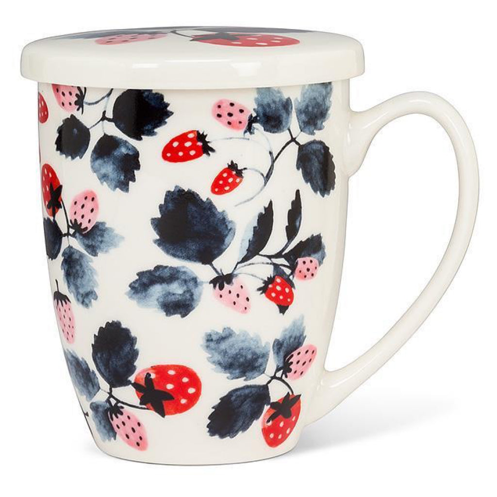 Strawberries Covered Mug 12oz & Strainer lid on.
