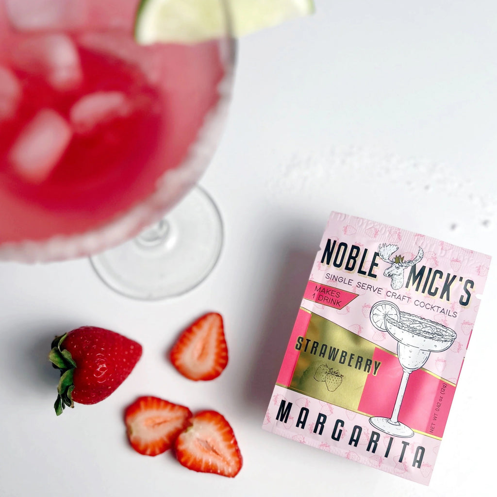 Strawberry Margarita Single Serve Cocktail Mix woth drink.