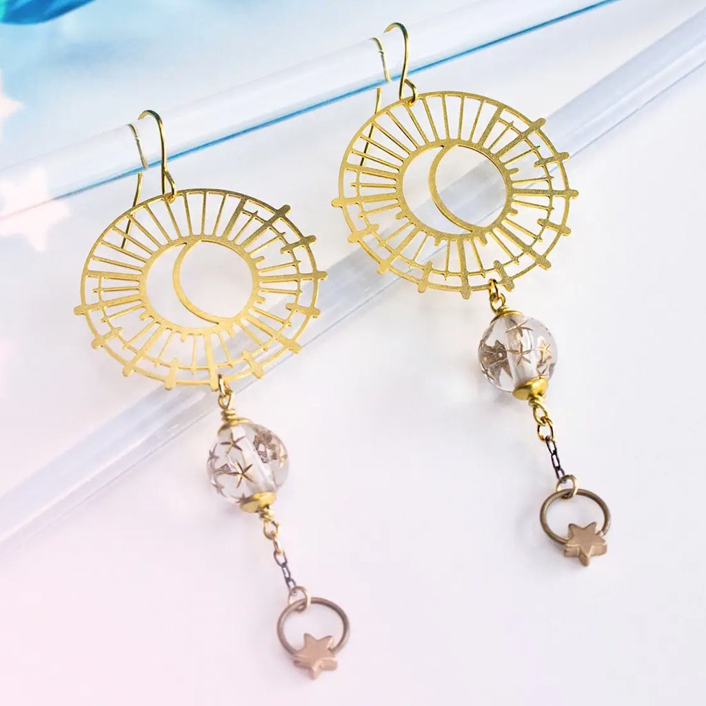 Sun and Moon Earrings with Vintage Clear Star Beads.
