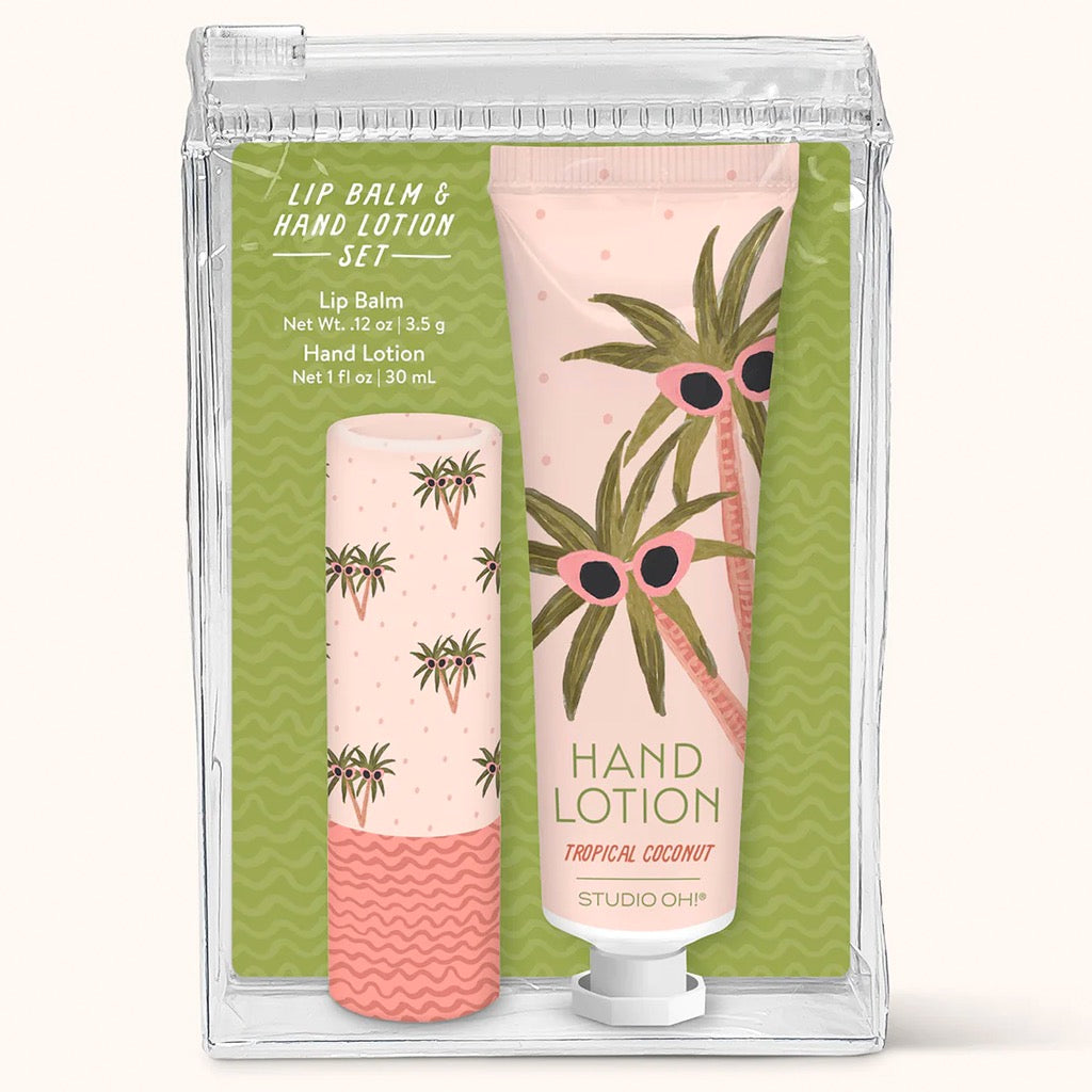Sunny Palms Lip Balm & Hand Lotion Set packaging.