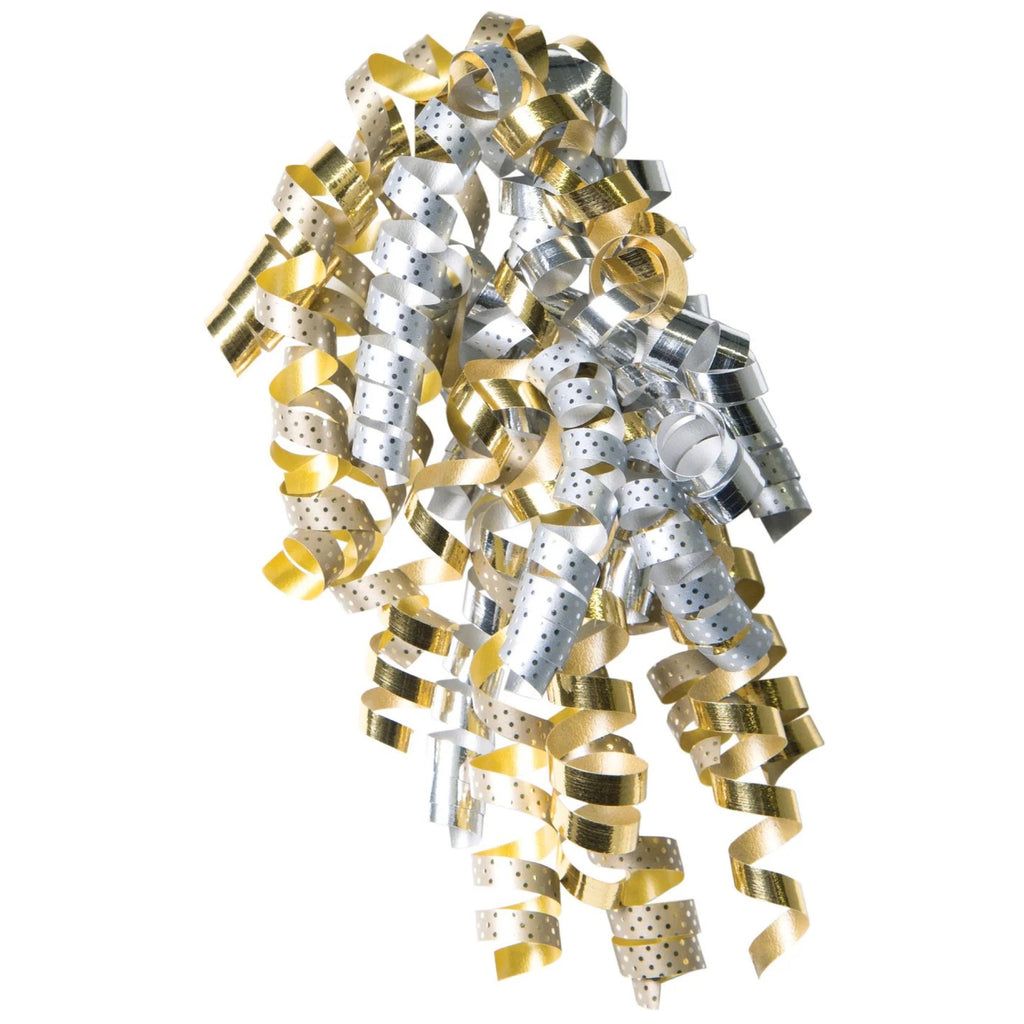 Swiss Dot Mix Gold And Silver Curly Bow.