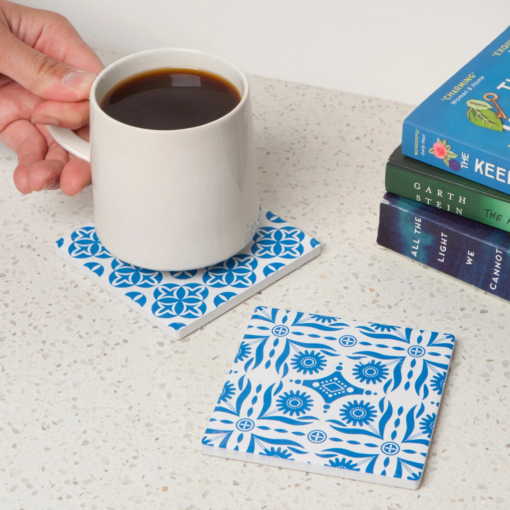 Tangier Soak Up Coasters on table.