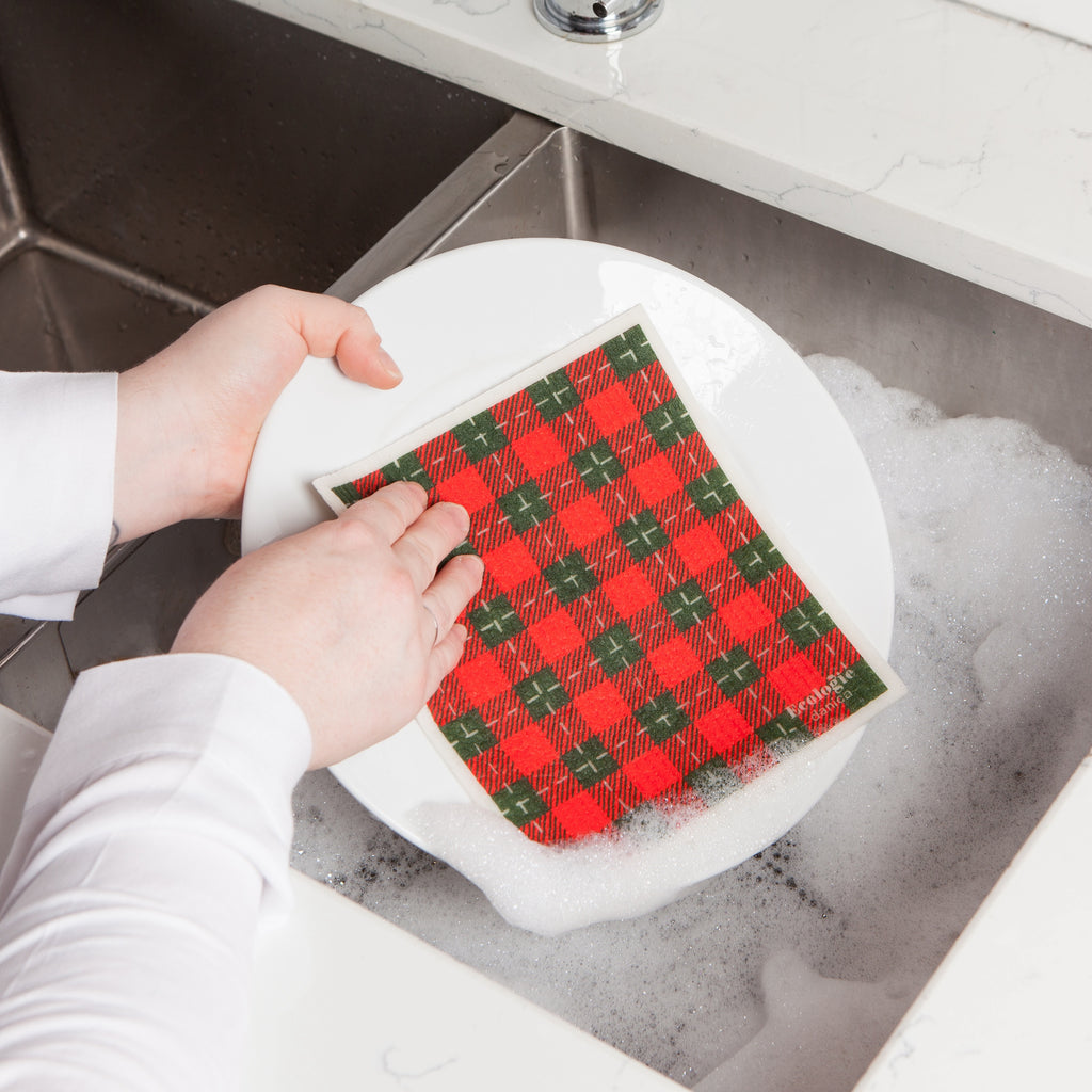 Tartan Swedish Dishcloth washing dishes.