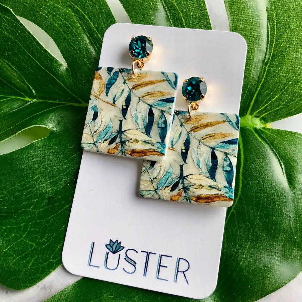 Teal Leaf Square Statement Earrings.