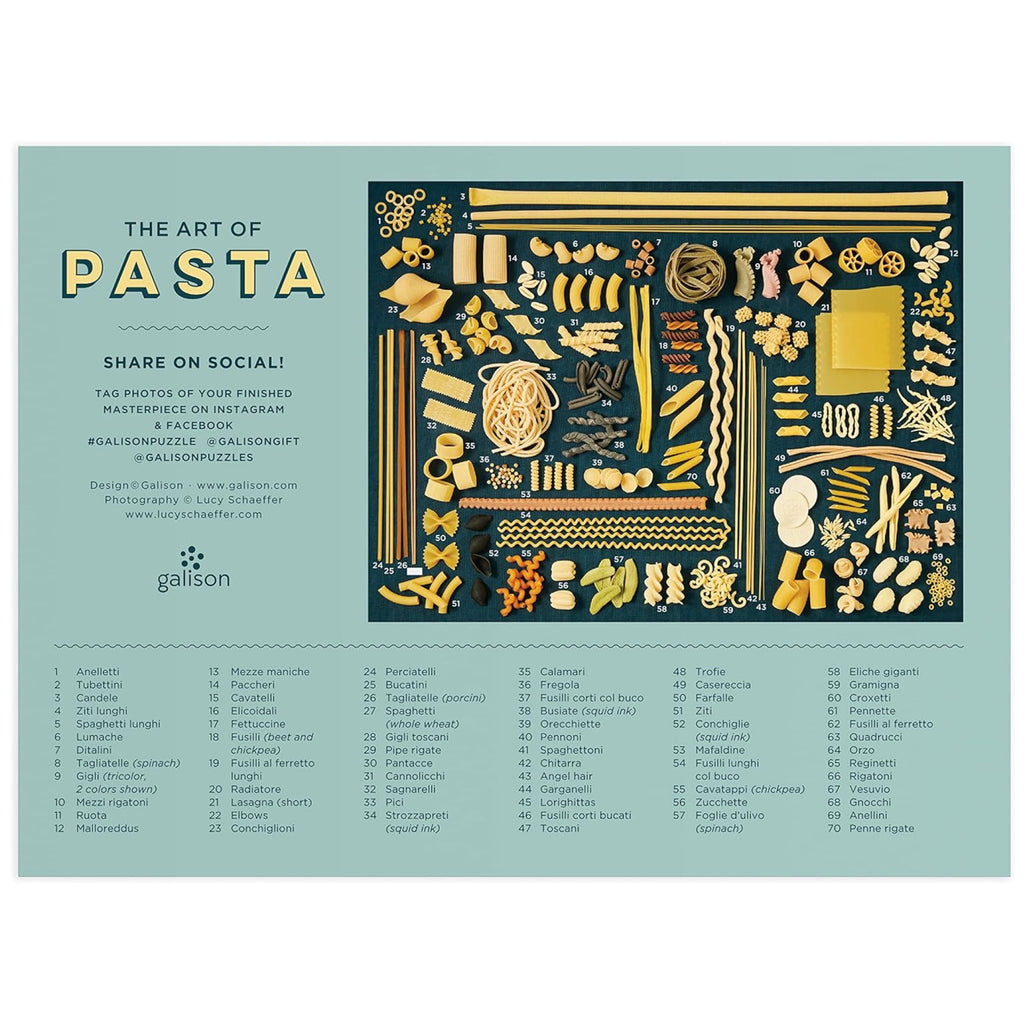 The Art of Pasta 1000 Piece Puzzle back identifying pasta types.
