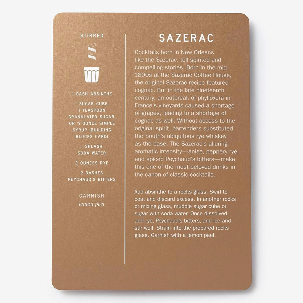 The Essential Cocktail Deck card sample for Sazerac recipe.