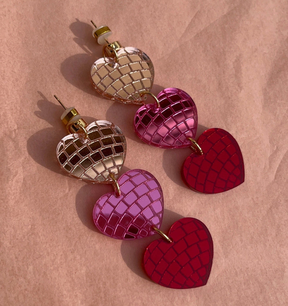 Tiered Pink Disco Heart Earrings.