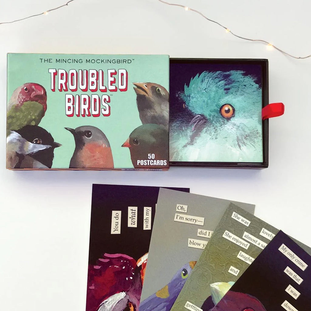 Troubled Birds Postcards Box card samples.