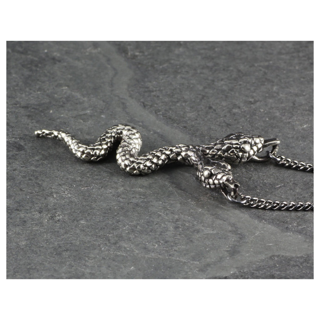 Two-Headed Snake Necklace Silver Closeup
