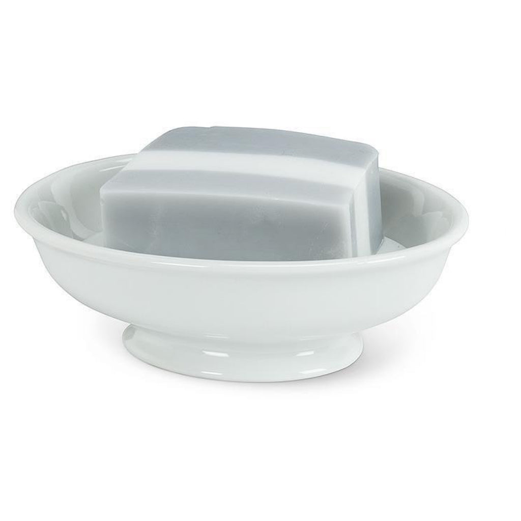 Two Piece Soap Dish with Strainer with soap.