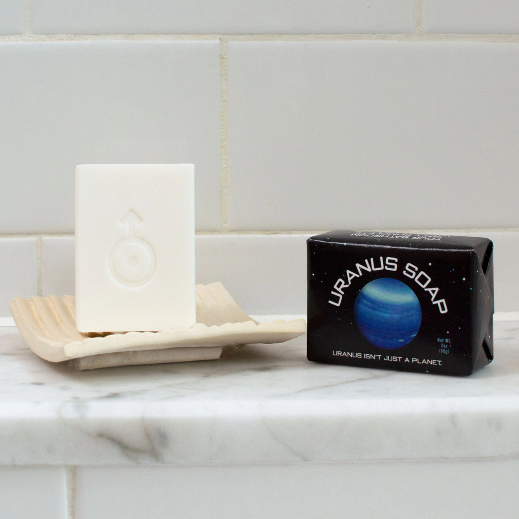 Uranus Soap on counter.