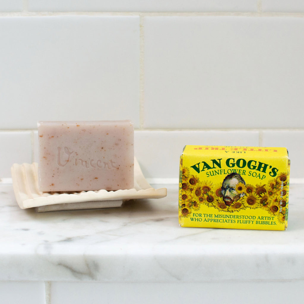 Van Gogh's Sunflower Soap on counter.