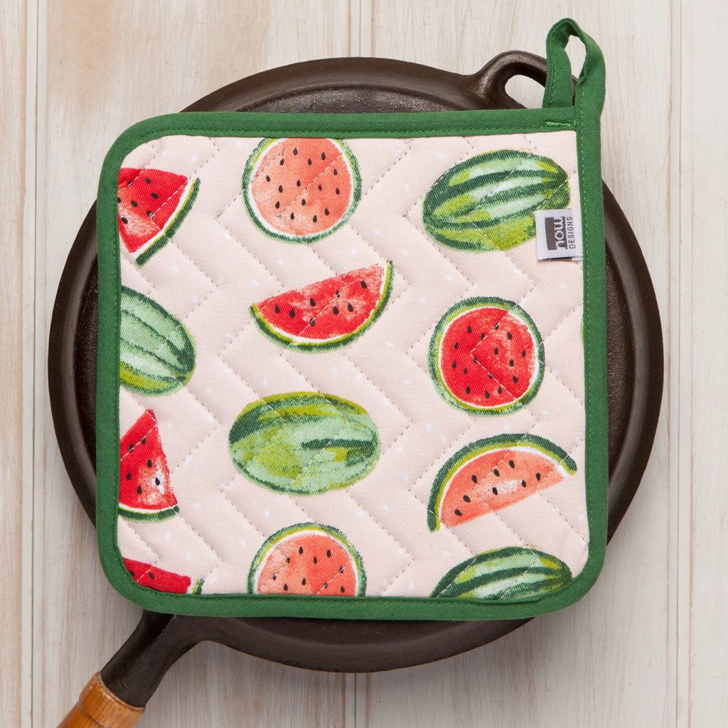 Watermelon Cotton Quilted Potholder on pan.