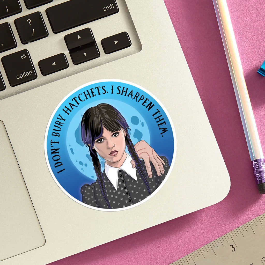 Wednesday Addams Die Cut Sticker on computer.