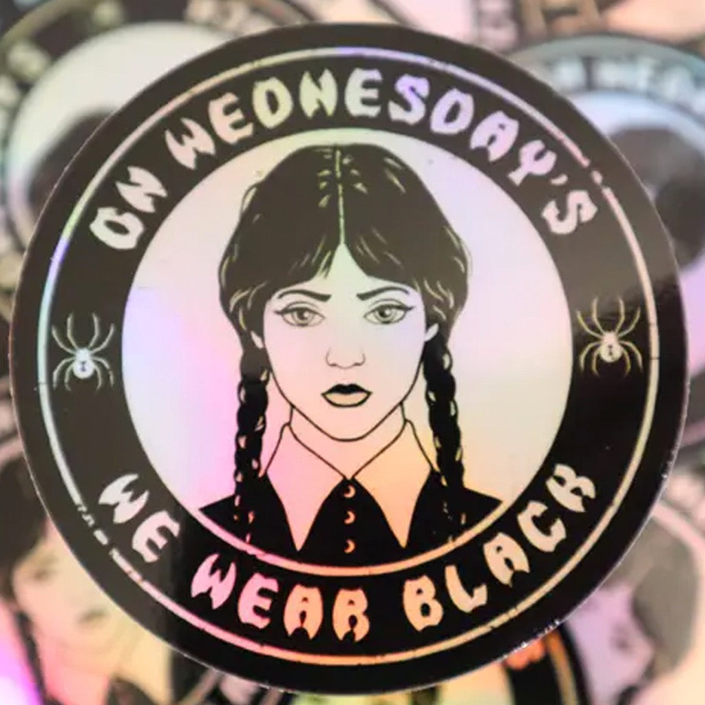 Wednesday We Wear Black Holographic Sticker.