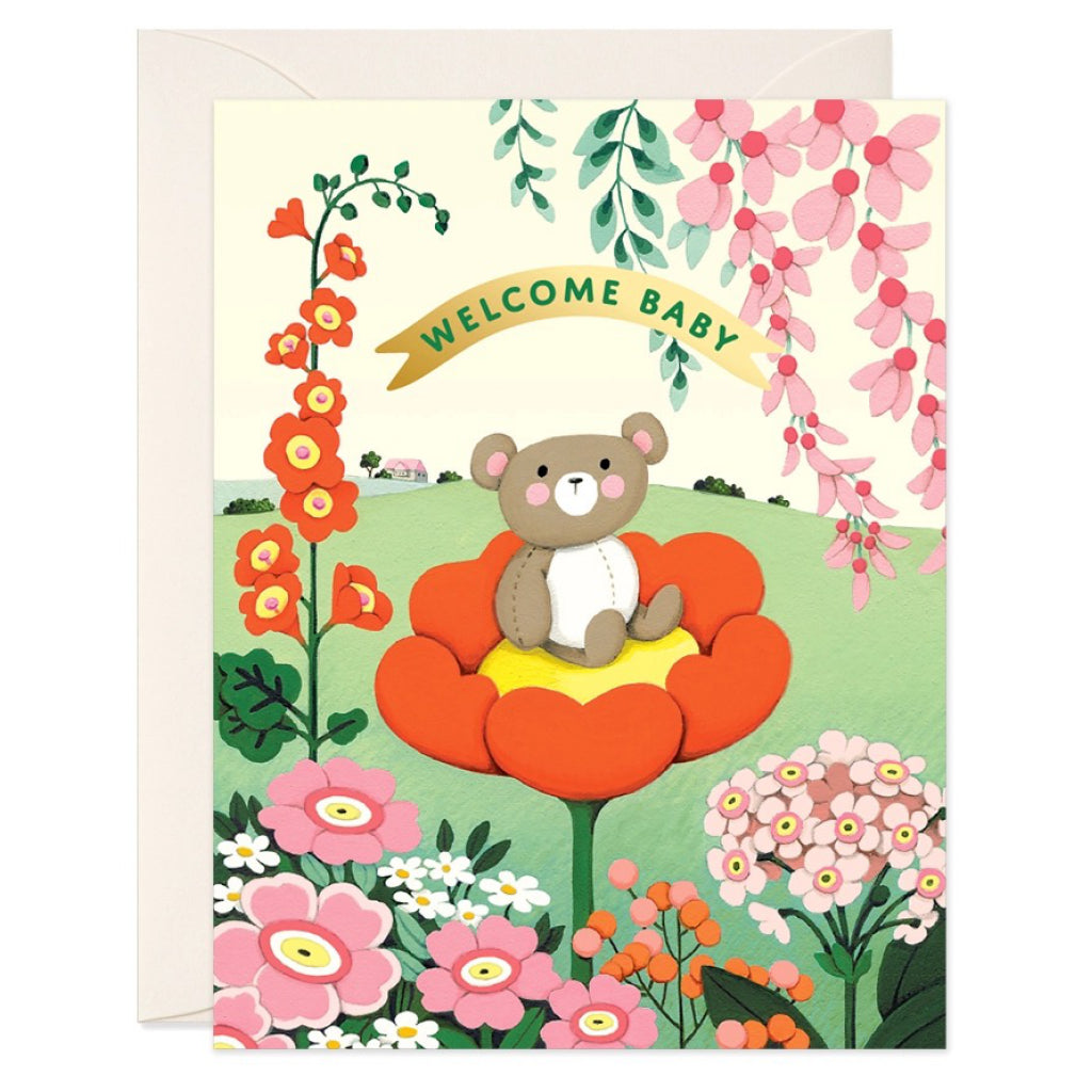 Welcome Baby Bear On Flower Card