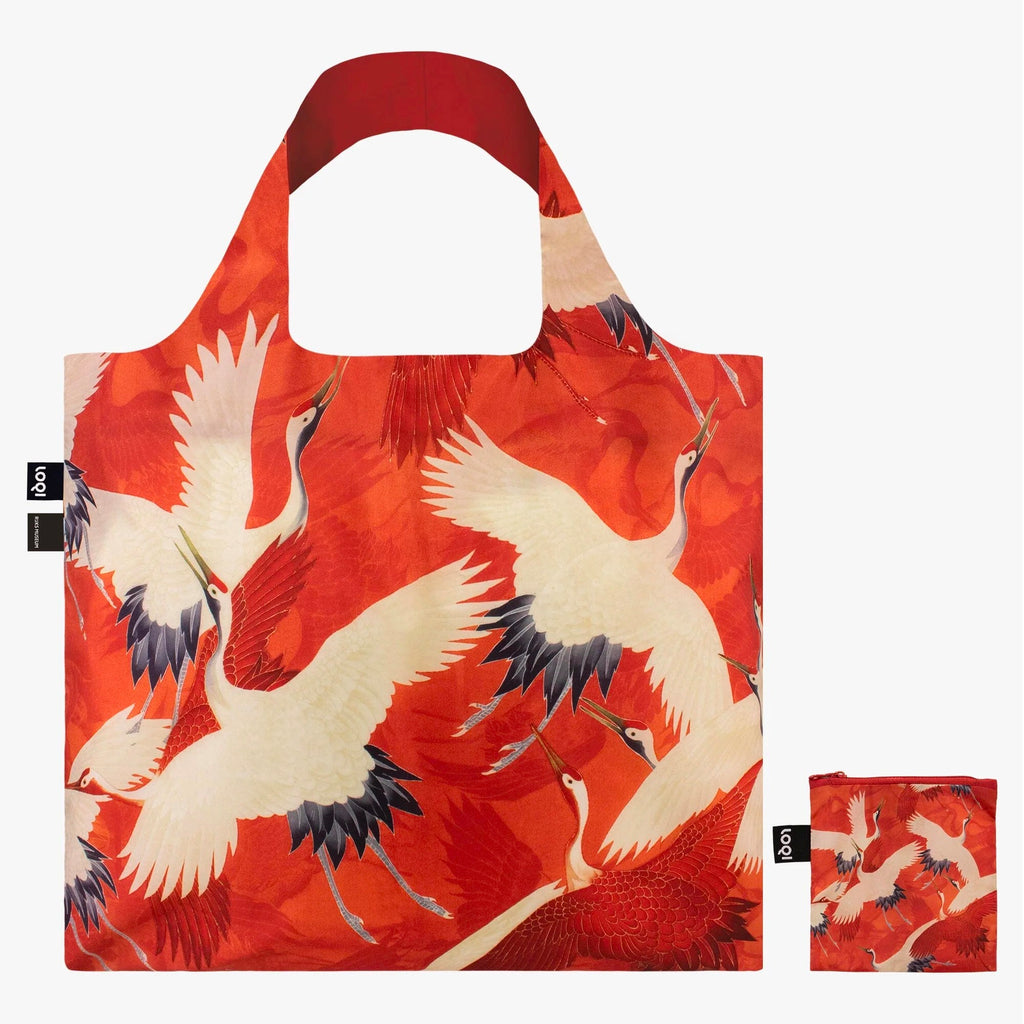 White and Red Cranes Recycled Tote Bag with pouch.