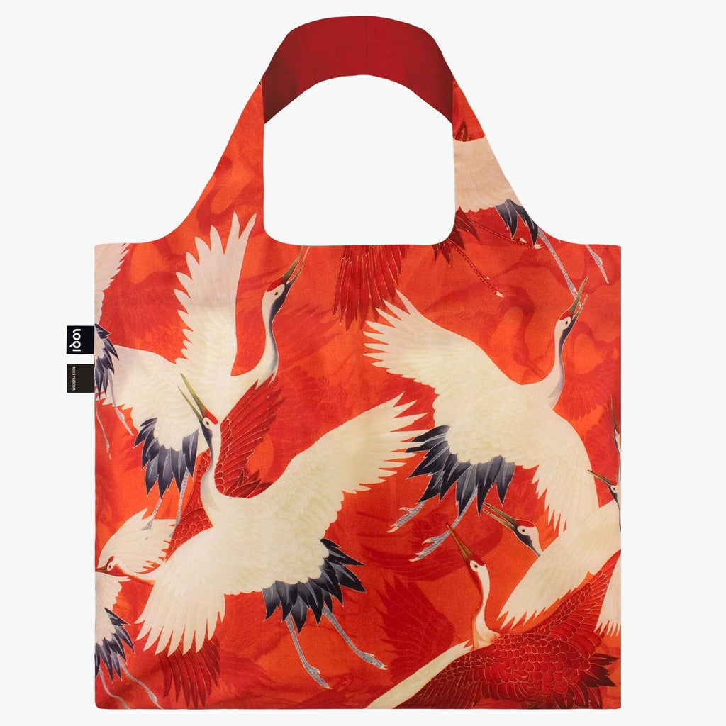 White and Red Cranes Recycled Tote Bag.