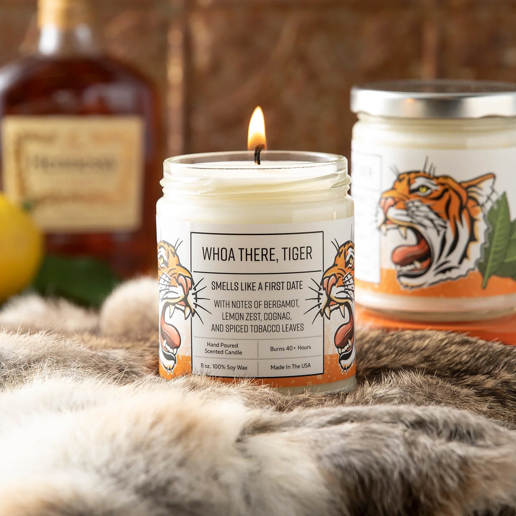 Whoa There, Tiger 8oz Soy Candle lit.