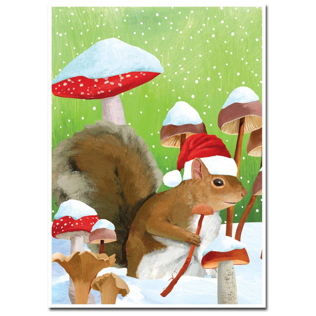 Winter Mushroom Squirrel Holiday Card.