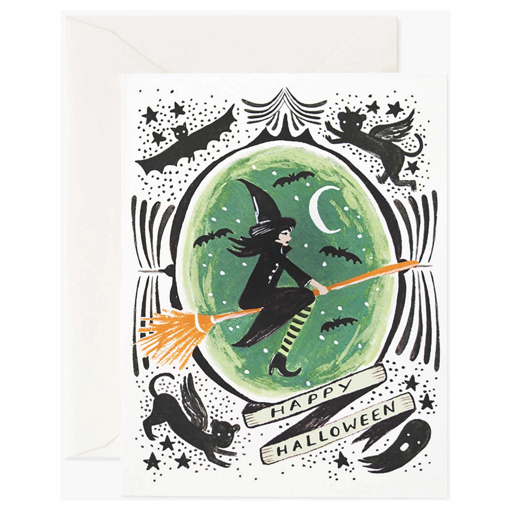 Witch Riding Broom Halloween Card