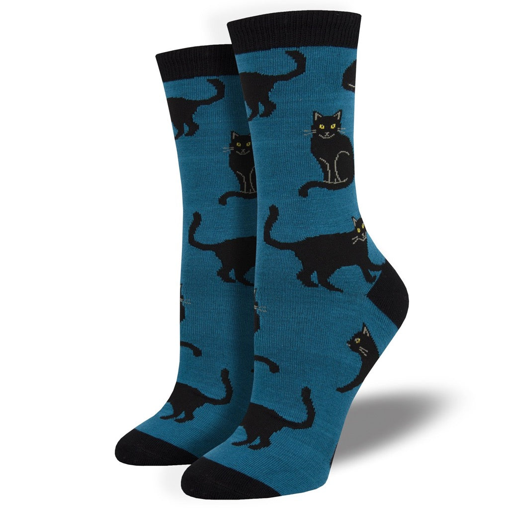 Womens Black Cat Bamboo Socks Blue
