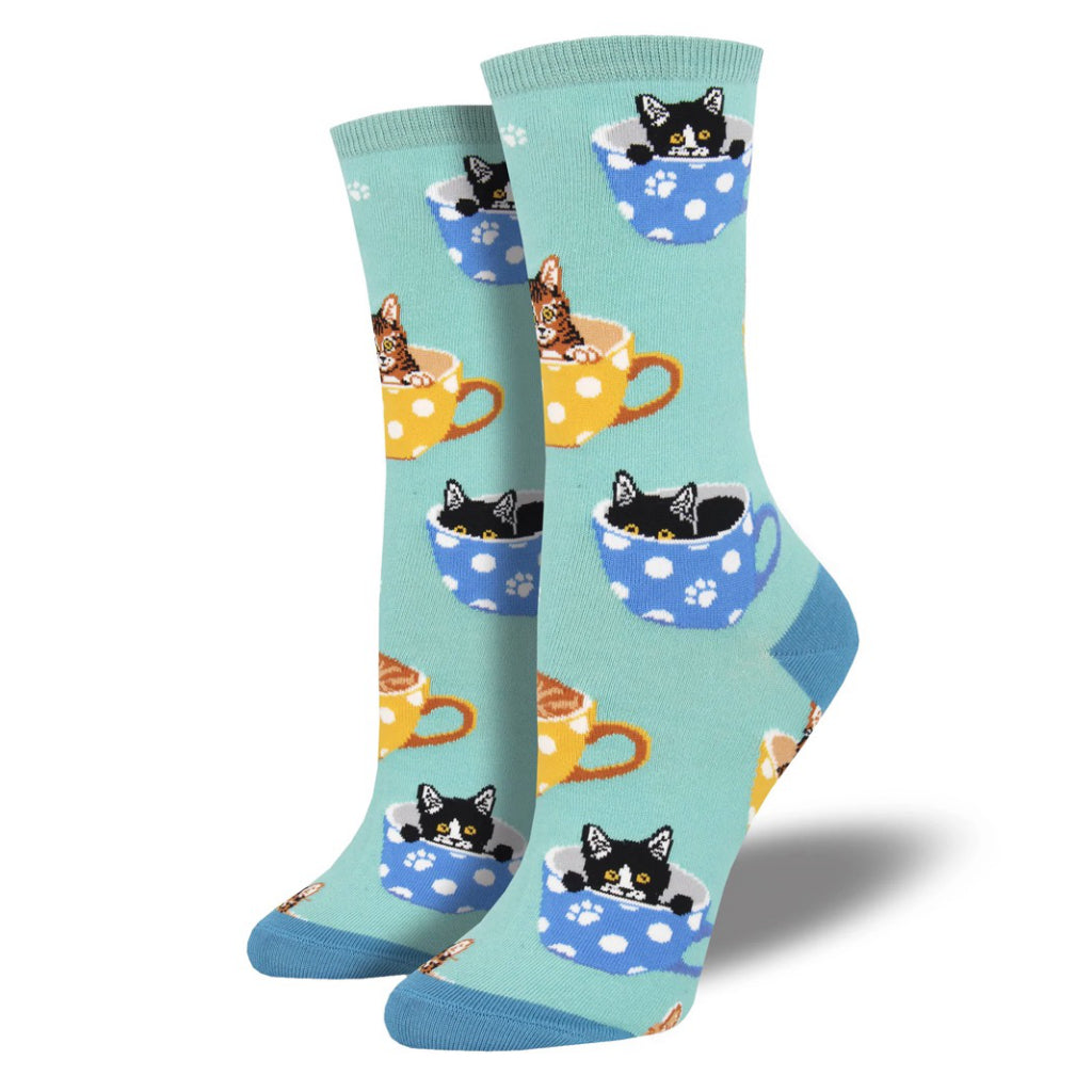 Womens Cat-Feinated Socks Sky Blue
