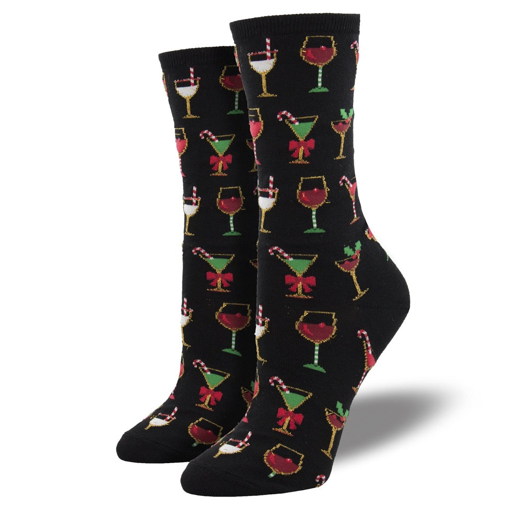 Womens Christmas Cocktails Socks Black
