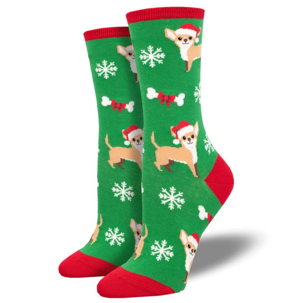 Women's Festive Chihuahua Socks Green.