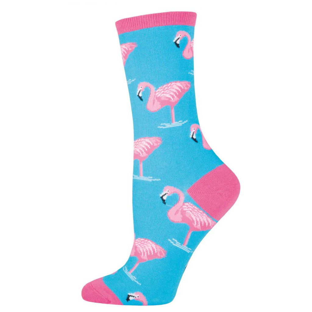 Women's Flamingo Crew Socks Sky Blue.