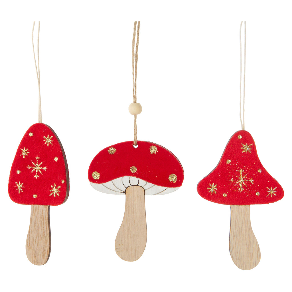 Wood Mushroom Ornament With Red Flocking.