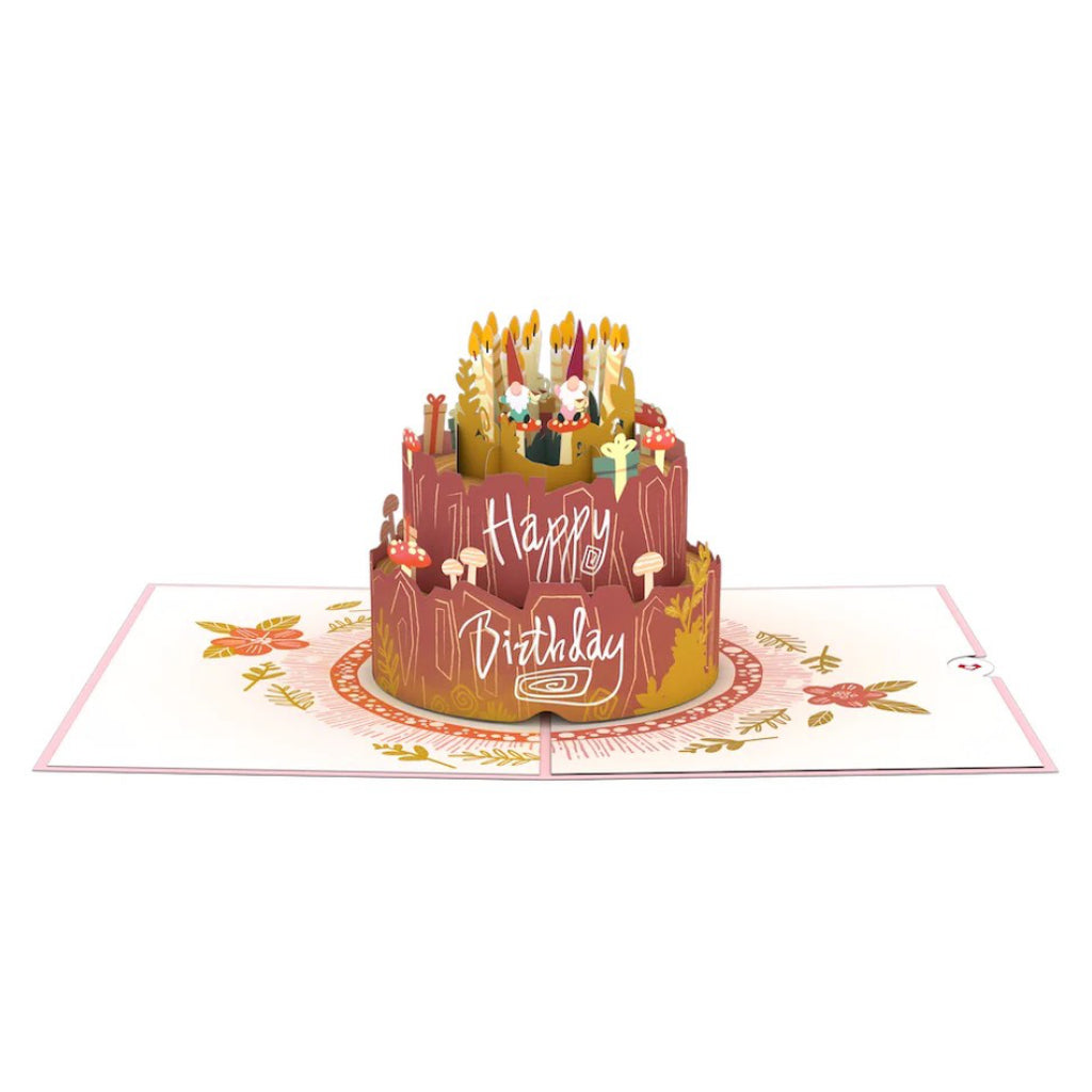 Woodland Gnomes Birthday Cake 3D Pop-Up Card open.