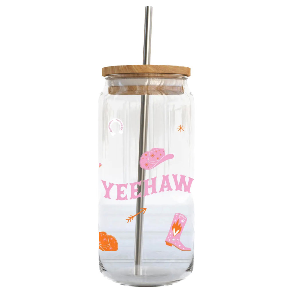 Yeehaw Glass Cup With Bamboo Lid & Straw.