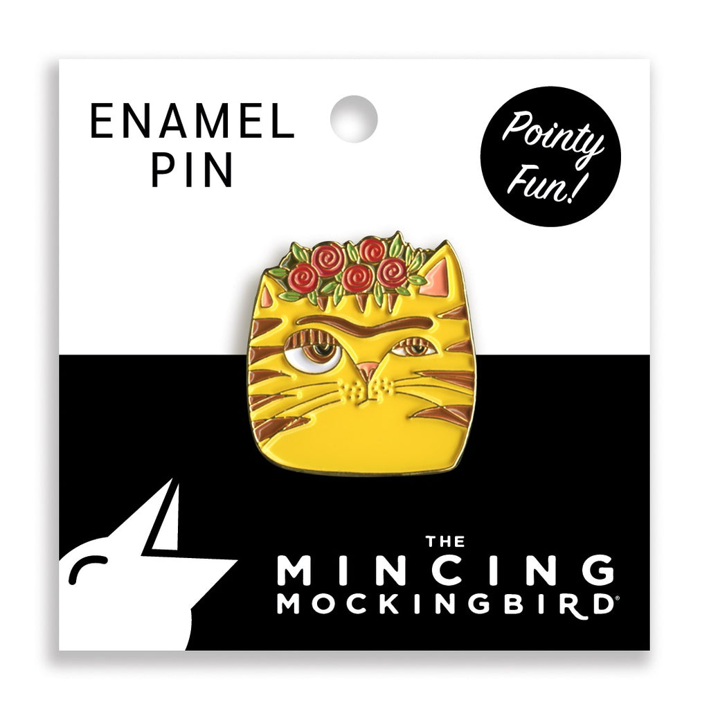 Yellow Frida Cat Face Enamel Pin Packaging