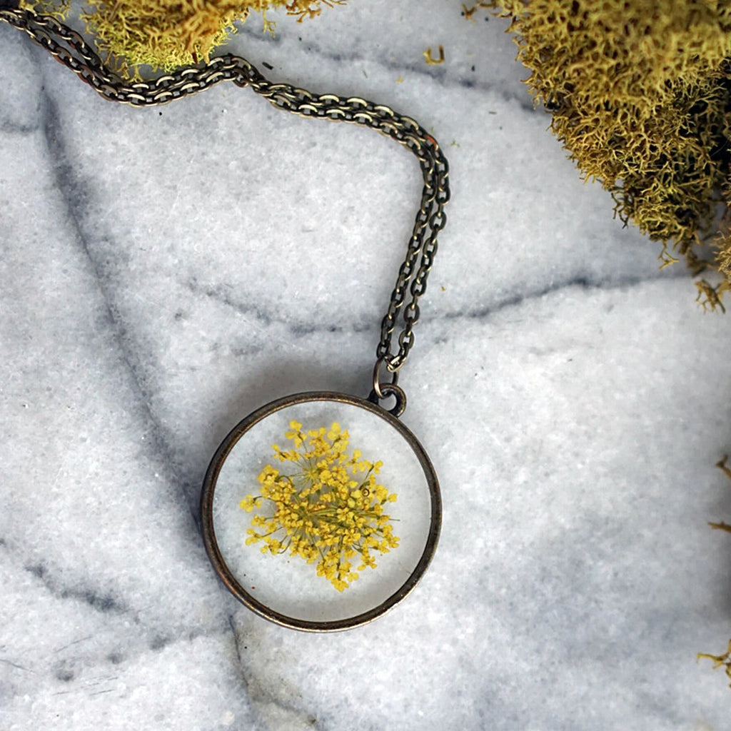 Yellow Queen Anne's Lace Necklace with more chain.