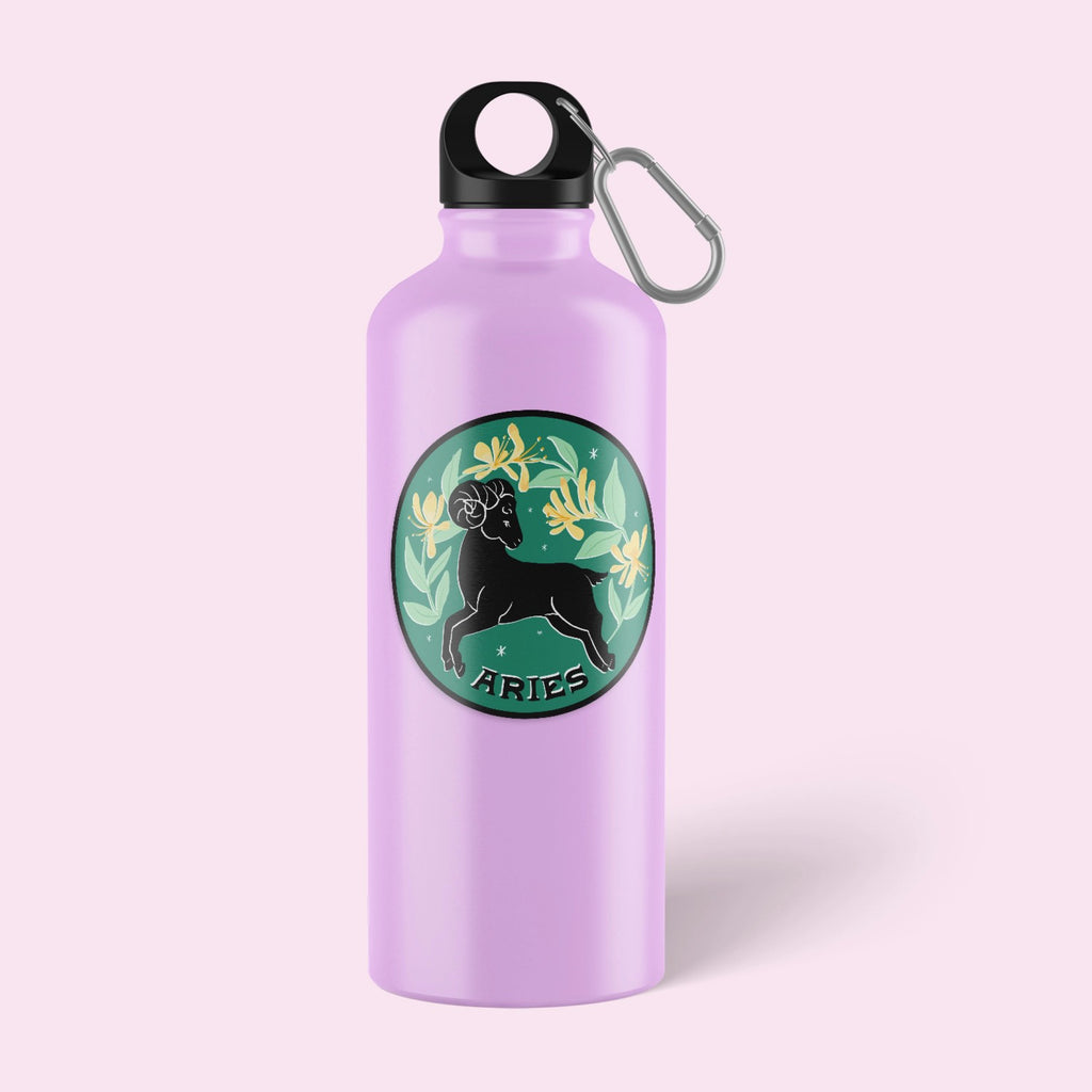 Zodiac Sticker: Aries on water bottle.