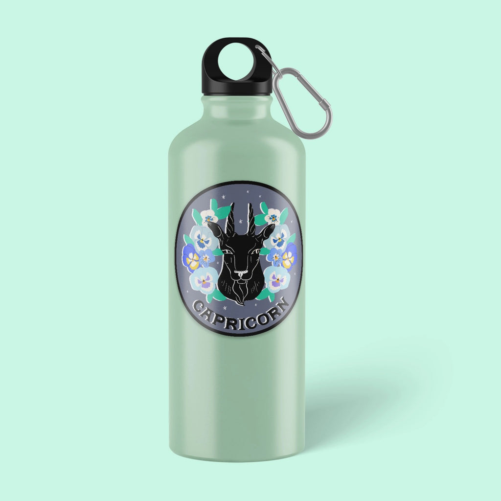 Zodiac Sticker: Capricorn on water bottle.