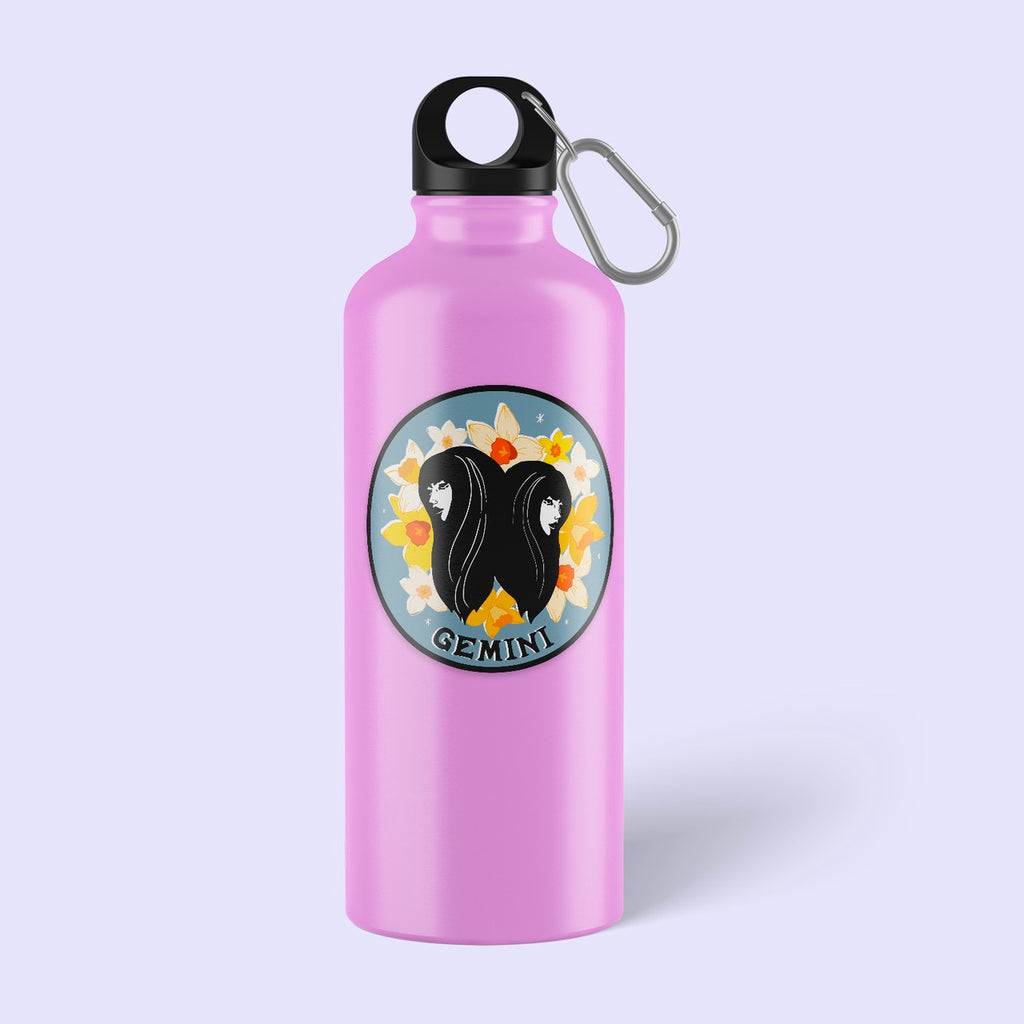 Zodiac Sticker: Gemini on water bottle.