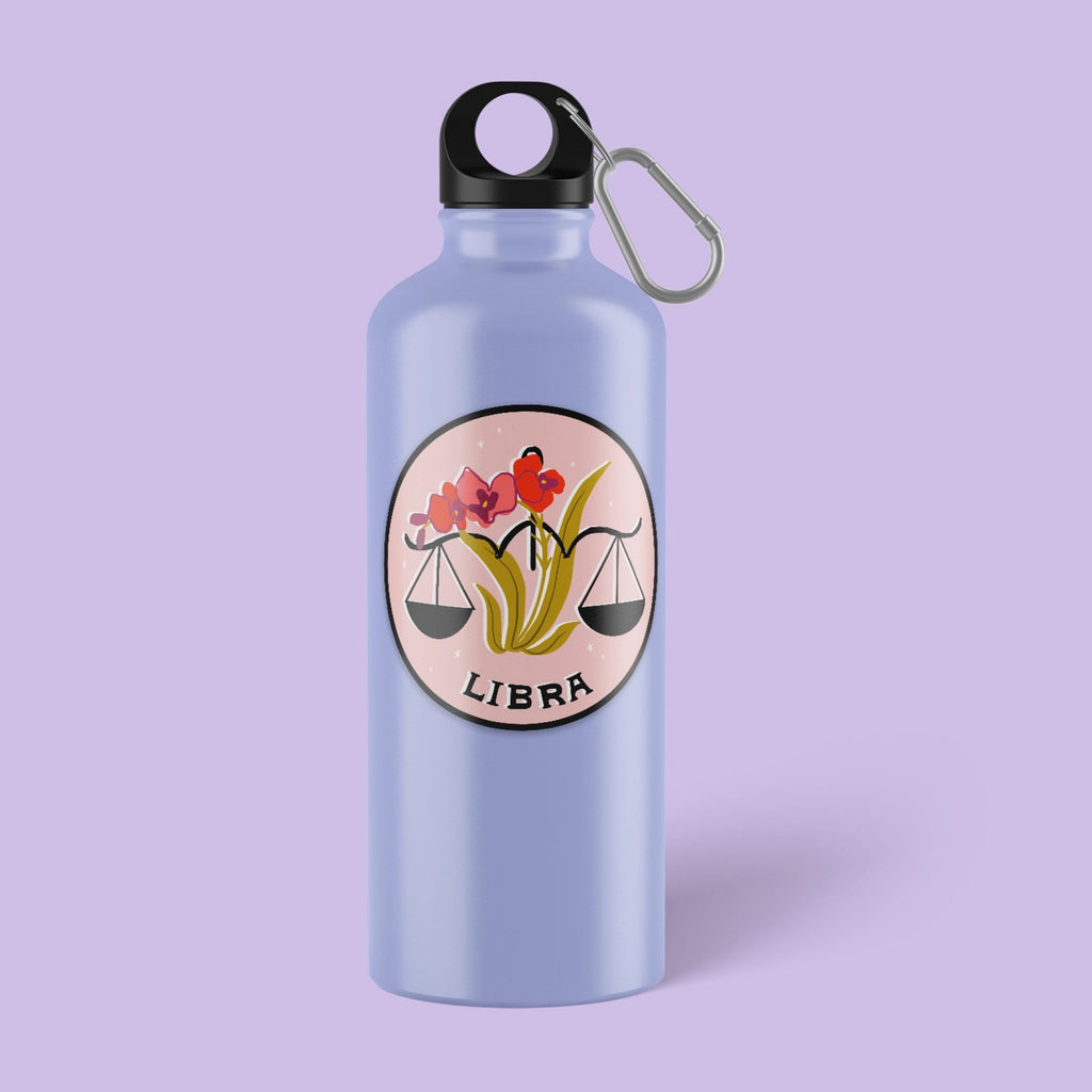 Zodiac Sticker: Libra on water bottle.