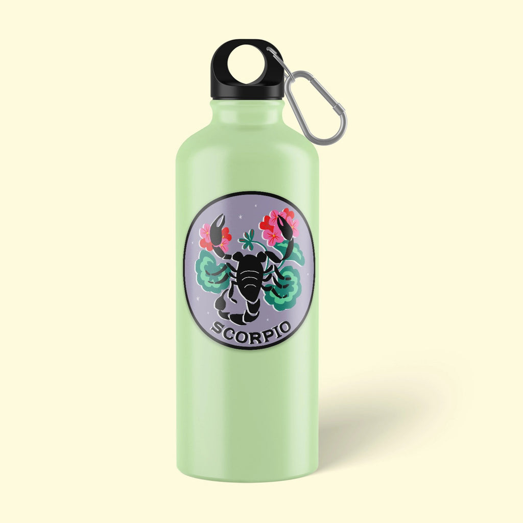 Zodiac Sticker: Scorpio on water bottle.